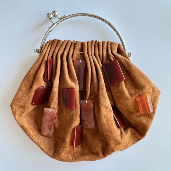 Vintage Moo Roo Charleston Brown Suede Carnelian Stone Asymmetric Kiss Lock - Picture 1 of 14